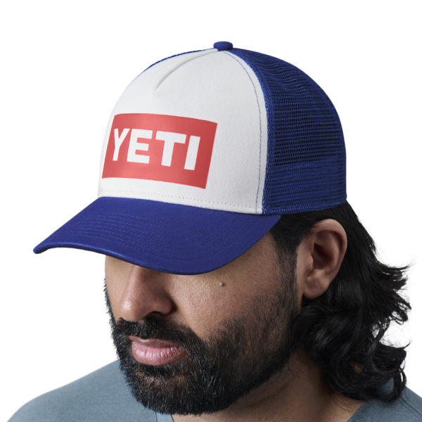 Blue/White Yeti American Logo Badge Trucker Hat Hats | HURALJ-541