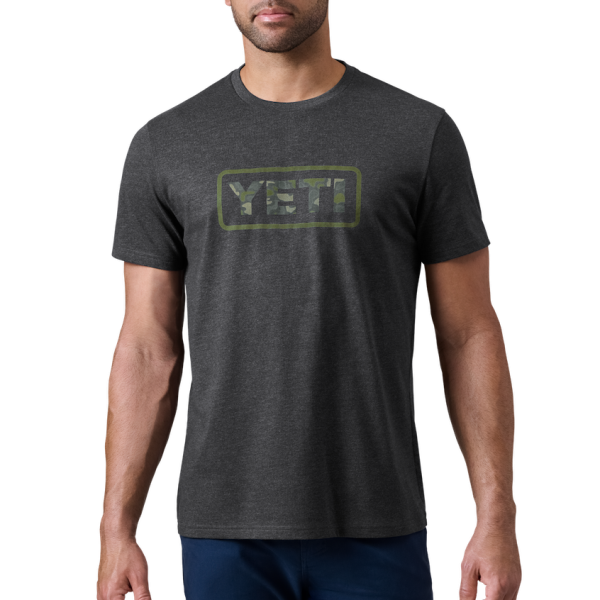 Heather Charcoal Yeti Camo Logo Badge Short Sleeve T-Shirt Short Sleeve T-Shirt | ISHQVL-389