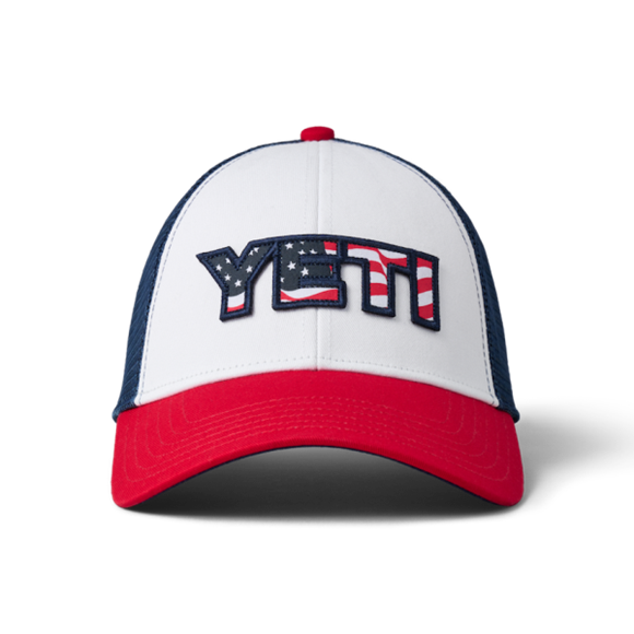 White/Red Yeti Waving Flag Trucker Hat Hats | SOVRZC-174